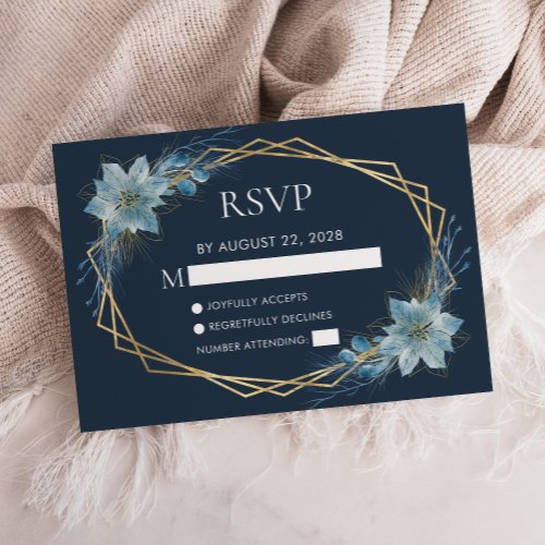 Floral Navy Dusty Blue Gold Winter Wedding RSVP Card