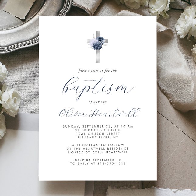 Floral Navy Dusty Blue Silver Cross Boys Baptism Invitation (Creator Uploaded)