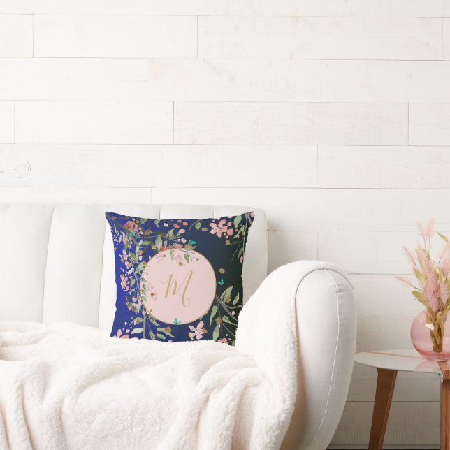 Floral Navy Elegant Pink Gold Chinoiserie Throw Pillow (Couch)