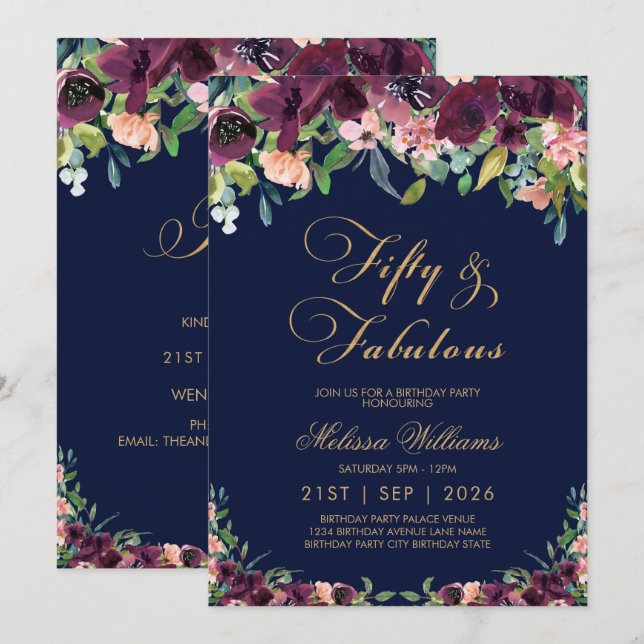 Floral Navy Fifty & Fabulous 50th Birthday Invitation (Front/Back)