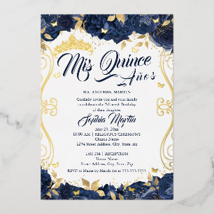 Floral Navy Garden Gold Mis Quince Quinceanera  Foil Invitation