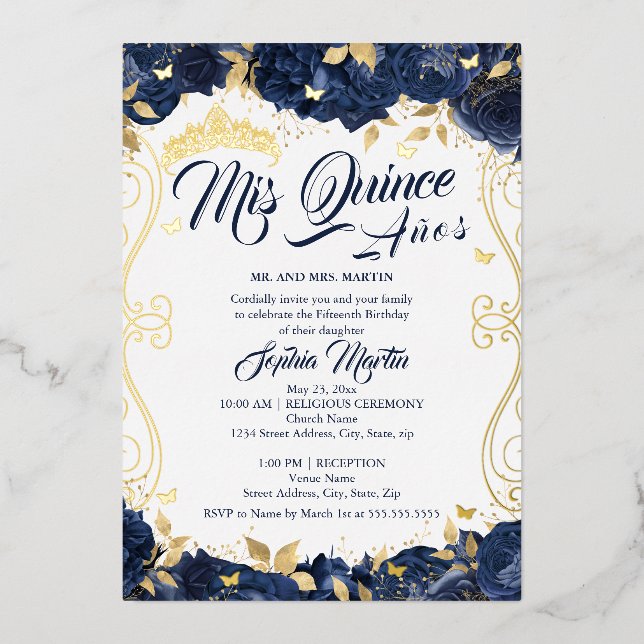 Floral Navy Garden Gold Mis Quince Quinceanera  Foil Invitation (Front)