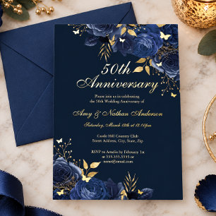 Floral Navy Gold 50th Wedding Anniversary Foil Invitation