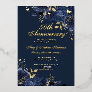 Floral Navy Gold 50th Wedding Anniversary Foil Invitation
