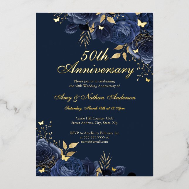 Floral Navy Gold 50th Wedding Anniversary Foil Invitation (Front)
