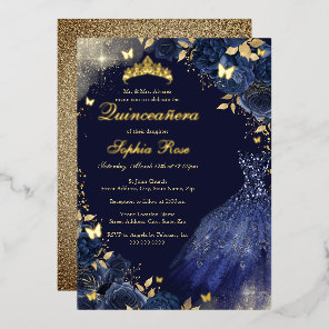 Floral Navy Gold Butterfly Dress Quinceanera Foil Invitation