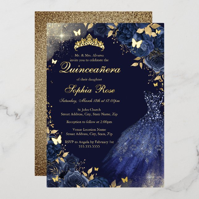 Floral Navy Gold Butterfly Dress Quinceanera Foil Invitation (Front/Back)