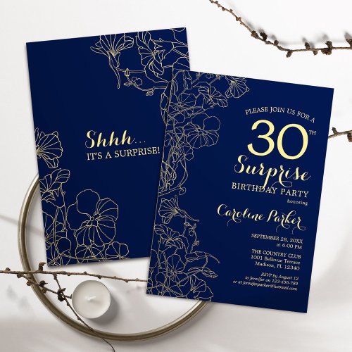 Floral Navy Gold Surprise 30th Birthday Party Invitation