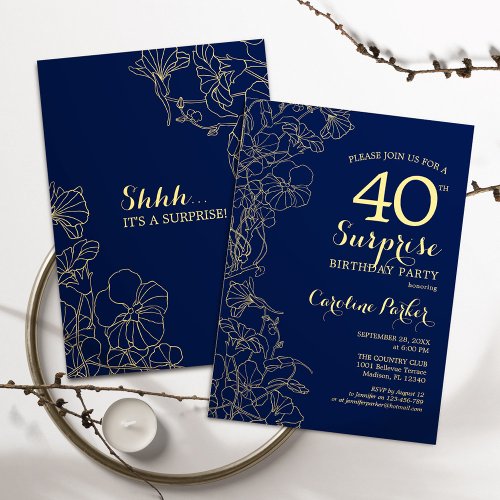 Floral Navy Gold Surprise 40th Birthday Party Invitation