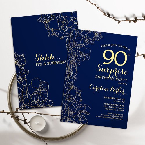 Floral Navy Gold Surprise 90th Birthday Party Invitation