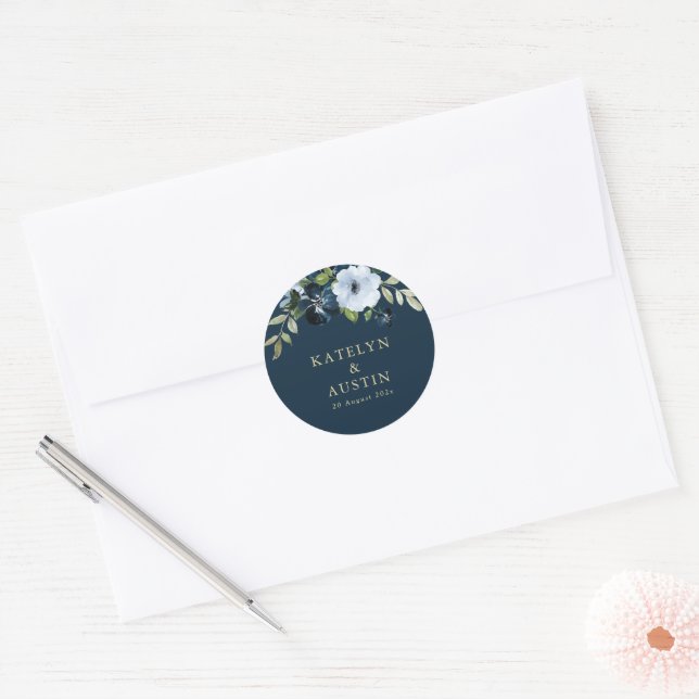 floral navy & gold wedding classic round sticker (Envelope)