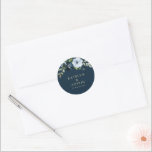 floral navy & gold wedding classic round sticker<br><div class="desc">navy and light blue floral wedding sticker. The text details and colors can be edited.</div>