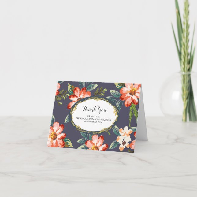 floral navy -gold wedding thank you card (Front)