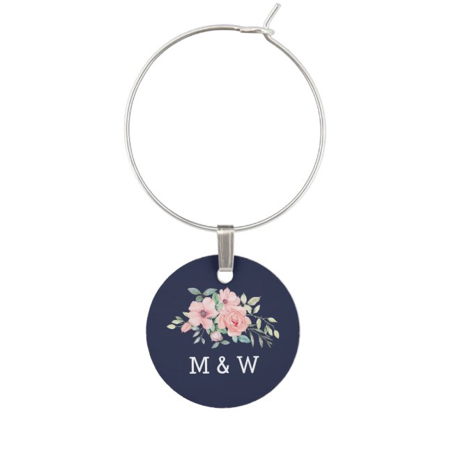 Floral Navy Monogram Wedding Bride & Groom Wine Charm (Front)
