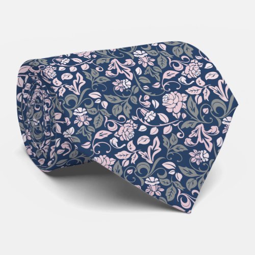 Floral Navy  Pink Rose Vine Pattern Neck Tie