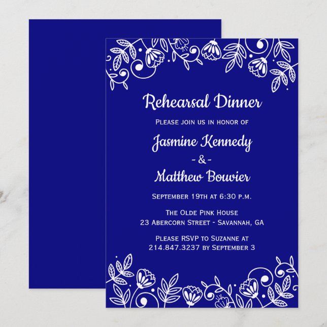 Floral Navy Rehearsal Dinner Wedding Flowers Blue Invitation (Front/Back)