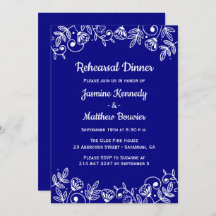 Floral Navy Rehearsal Dinner Wedding Flowers Blue Invitation
