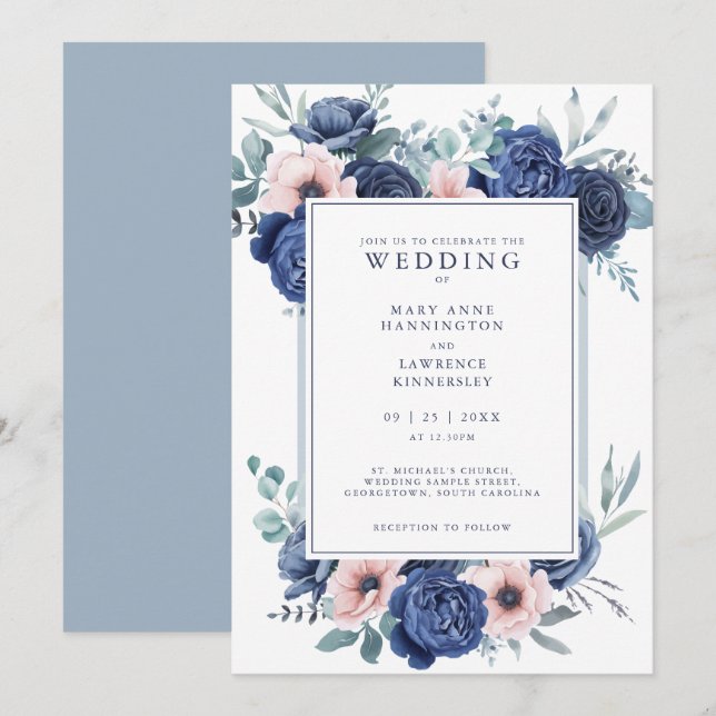 Floral Navy Rose Dusty Blue Wedding Invitation (Front/Back)