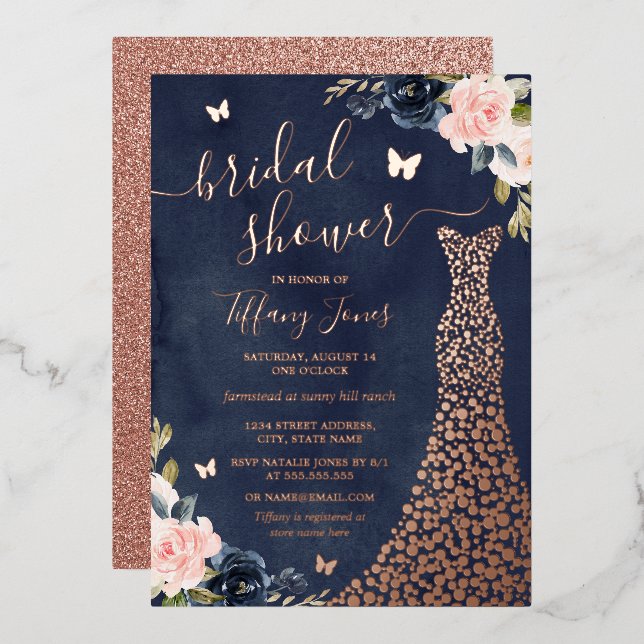 Floral Navy Rose Gold Dress Bridal Shower  Foil Invitation (Front/Back)