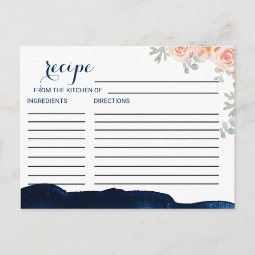 Floral Navy Watercolor Bridal Shower Recipe Cards