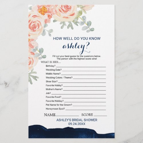 Floral  Navy Watercolor Whats In Your Purse Game