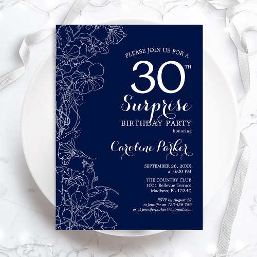 Floral Navy White Surprise 30th Birthday Party Invitation