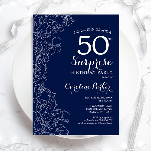 Floral Navy White Surprise 50th Birthday Party Invitation