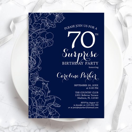 Floral Navy White Surprise 70th Birthday Party Invitation