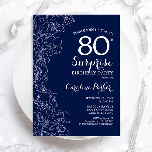 Floral Navy White Surprise 80th Birthday Party Invitation