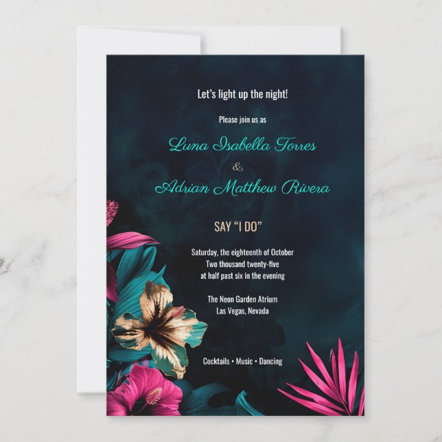 Floral Neon Botanical Tropical Wedding  Invitation (Front)