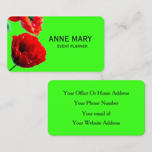 Floral Neon Green Red Poppy Flowers Event Planner Business Card