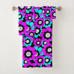 Floral Neon Pattern Purple and Turquoise Flowers Bath Towel Set