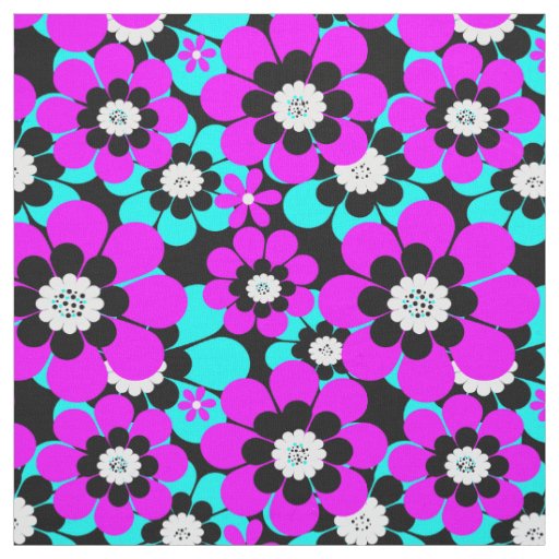 Floral Neon Pattern Purple and Turquoise Flowers  Fabric