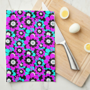 Floral Neon Pattern Purple and Turquoise Flowers Kitchen Towel