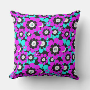 Floral Neon Pattern Purple and Turquoise Flowers Outdoor Pillow