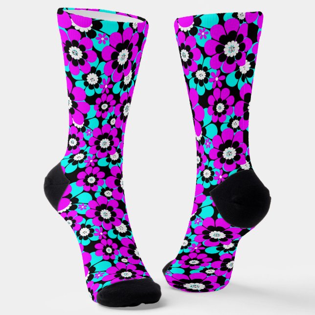 Floral Neon Pattern Purple and Turquoise Flowers  Socks (Angled)