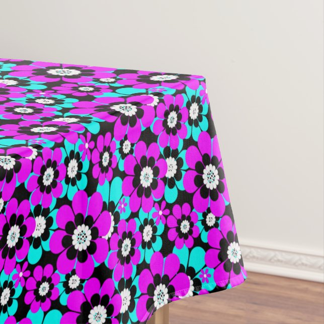 Floral Neon Pattern Purple and Turquoise Flowers  Tablecloth (In Situ)