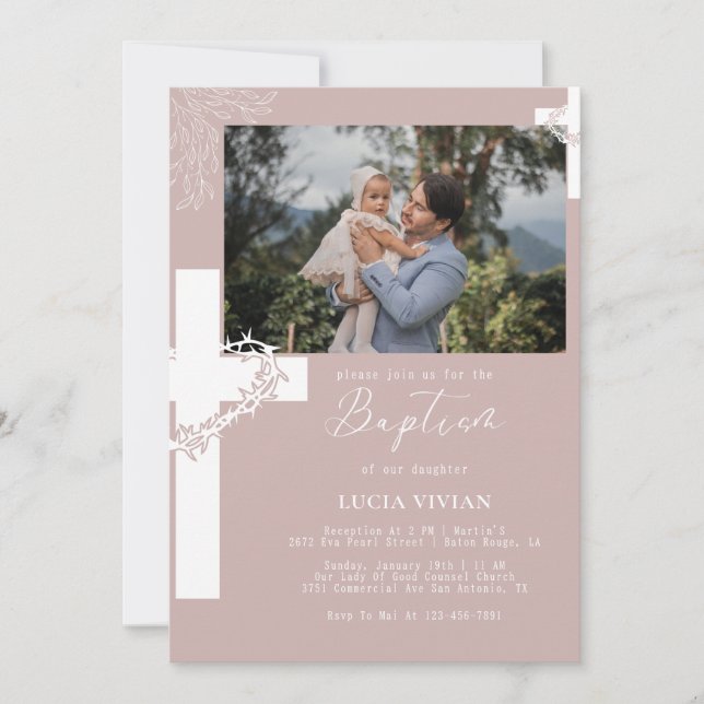 Floral Neutral Cross Minimalist Baptism Photo Invitation (Front)