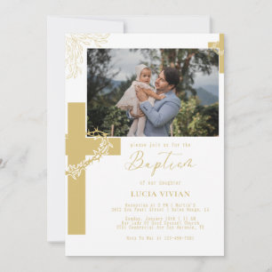 Floral Neutral Cross Minimalist Baptism Photo Invitation