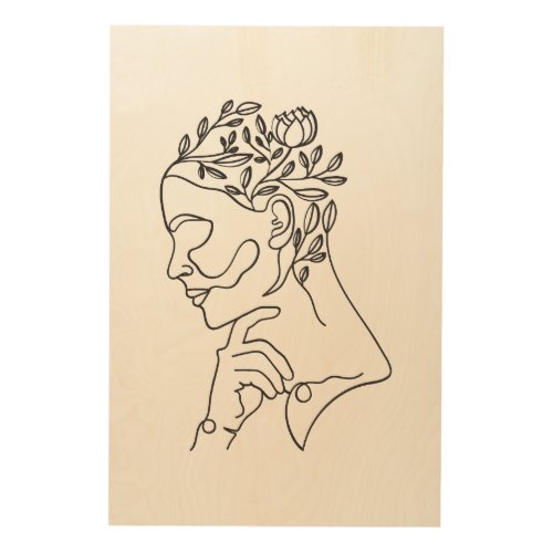 Floral Neutral Minimalist Woman Face line Wood Art