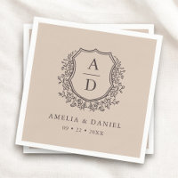 Floral Neutral Taupe Crest Wedding Monogram