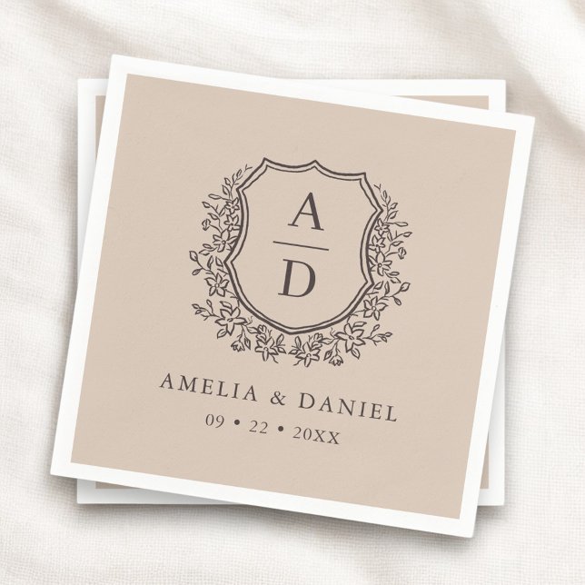 Floral Neutral Taupe Crest Wedding Monogram Napkins (Creator Uploaded)