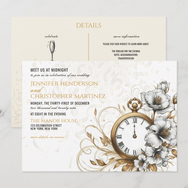 Floral New Years Eve Wedding Invitation (Front/Back)