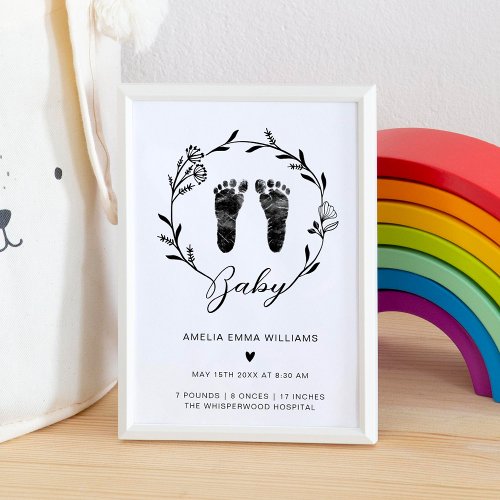 Floral Newborn Custom Baby Footprints Birth Stats Poster