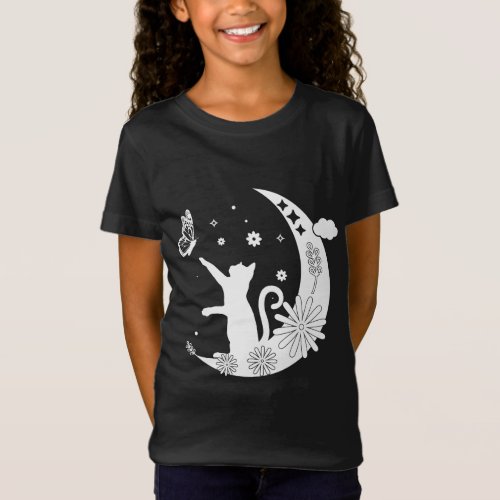 Floral Night Cat Sitting On Moon With Butterfly T_Shirt