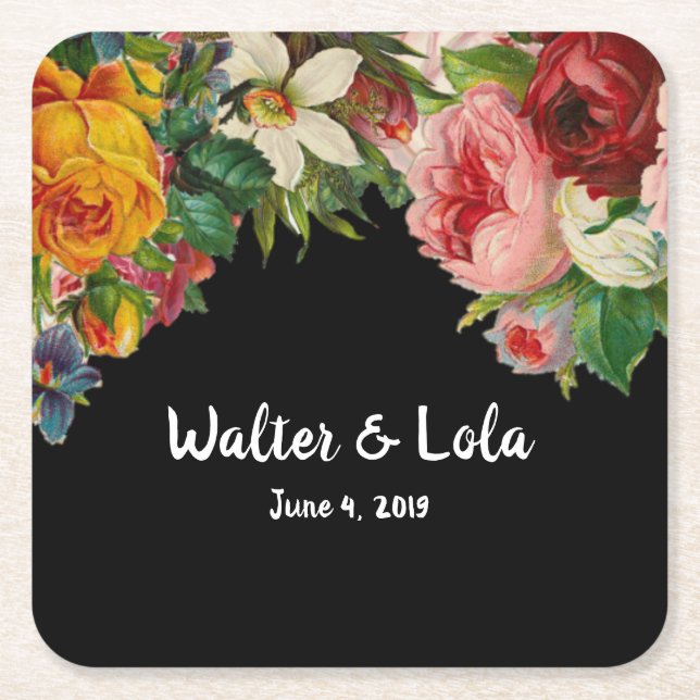 Floral Noir Square Paper Coaster (Front)