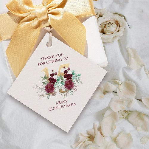 Floral Number 15 Ivory Burgundy Gold Quinceanera Favor Tags