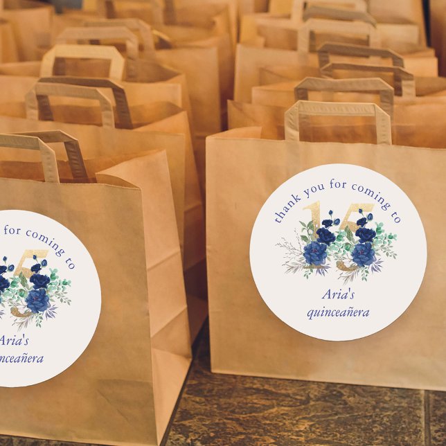 Floral Number 15 Ivory Royal Blue Gold Quinceanera Classic Round Sticker (Quinceanera favor stickers  with royal blue and ivory roses from my Royal Rose collection)