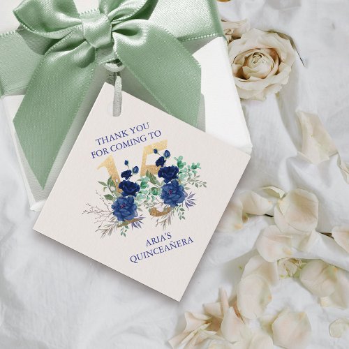 Floral Number 15 Ivory Royal Blue Gold Quinceanera Favor Tags