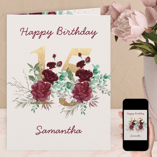 Floral Number 15 Personalized 15th Birthday Card